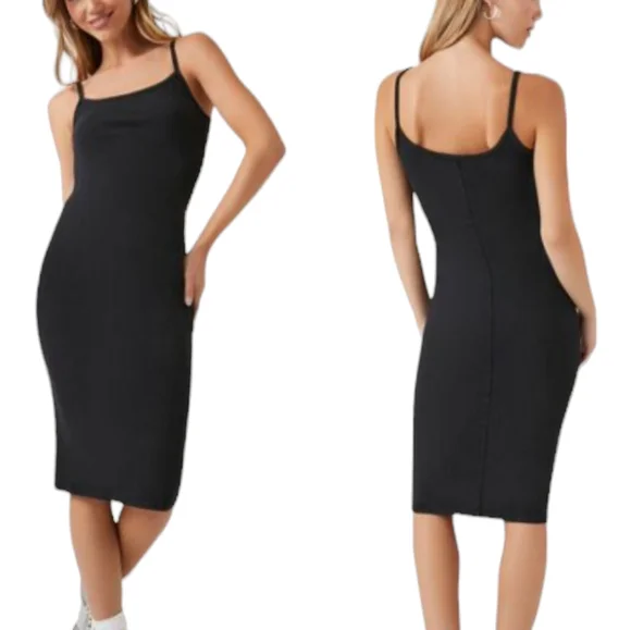 Forever 21 Black Spaghetti Straps Rib-knit Bodycon Dress Size Small Forever 21 Black Spaghetti Straps Rib-knit Bodycon Dress Size Small